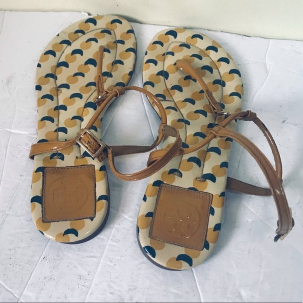 Tory Burch Emmy Thong T Strap Leather Sandals Ballet Flats Patent Graphic Print - Picture 13 of 15